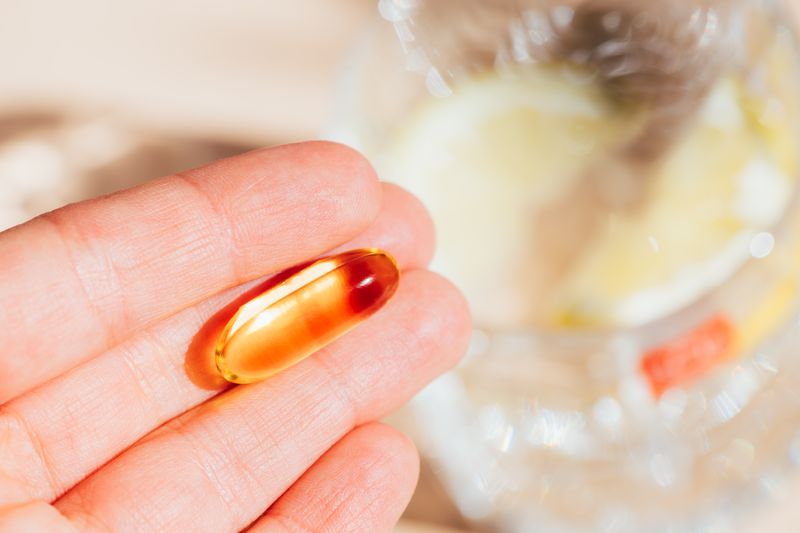 hand holding vitamin supplement pill close up